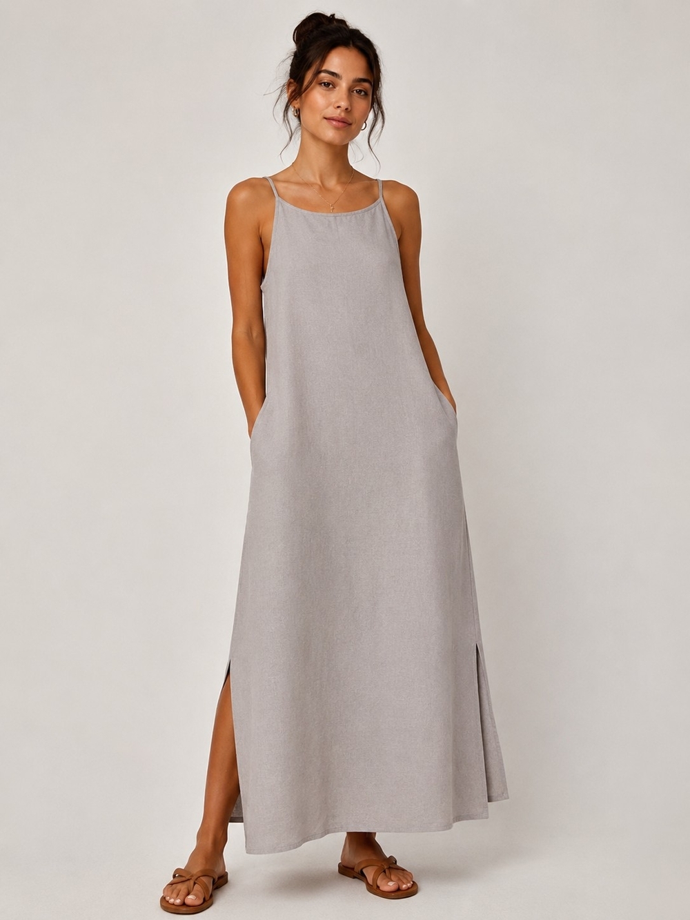 Pure Linen sleeveless Light Gray Maxi Dress with Side Slits